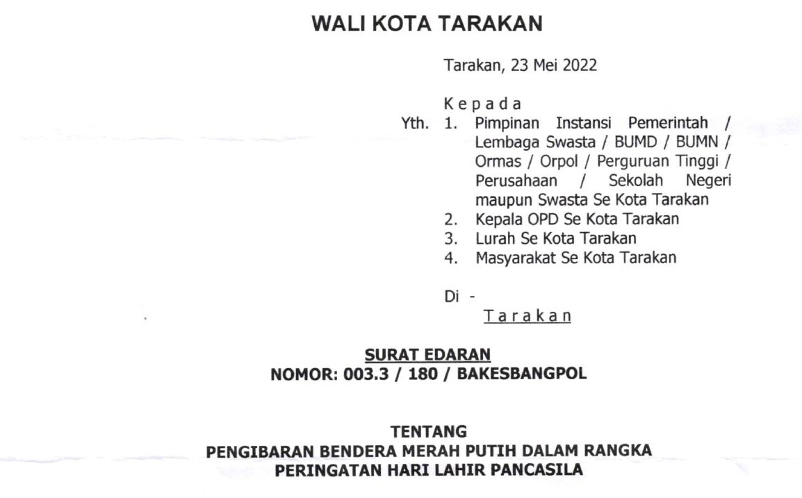 Surat Edaran Tentang Pengibaran Bendera Merah Putih Dalam Rangka Peringatan Hari Lahir Pancasila